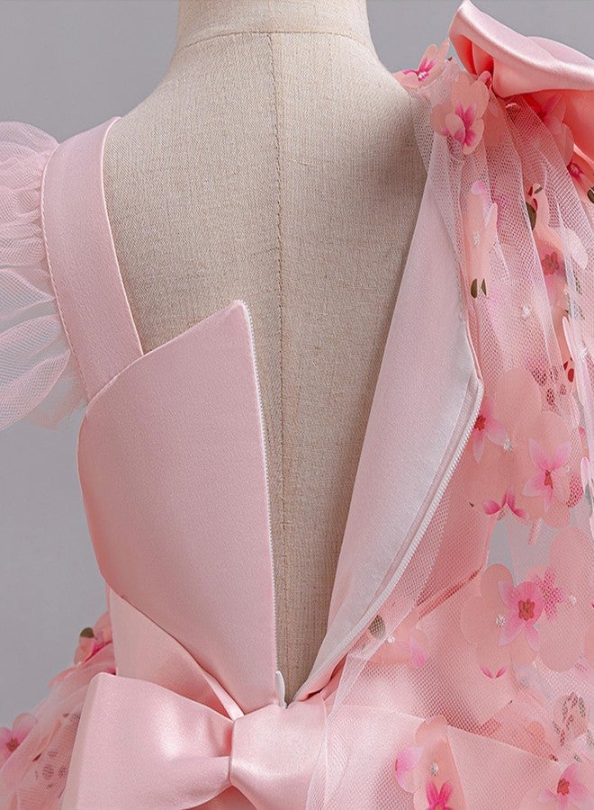 OBEEII Birthday Dress for Baby Girls 3D Flower Baptism Tutu Dress Asymmetric Shoulder Bowknot Princess Party Photoshoot Outfit Formal Prom Pageant Tulle Gown Light Pink-3D Flower 9-12 Months - Image 5